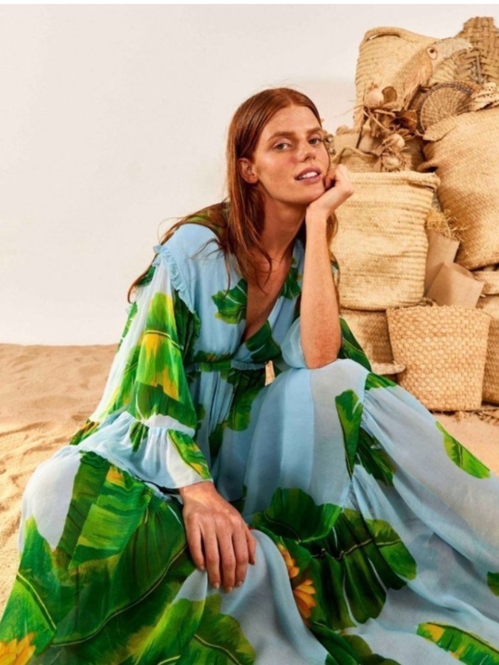 Light Blue Tropical Banana Maxi Dress with Green Leaf Print - Farm Rio - Picture 4 of 7